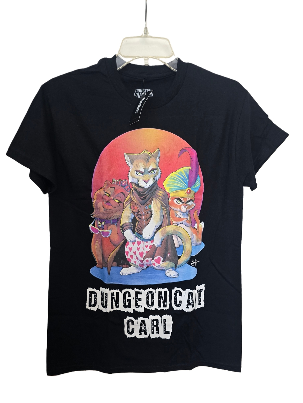 Ripple Junction Black Graphic Tee with Colorful Dungeon Cat Artwork
